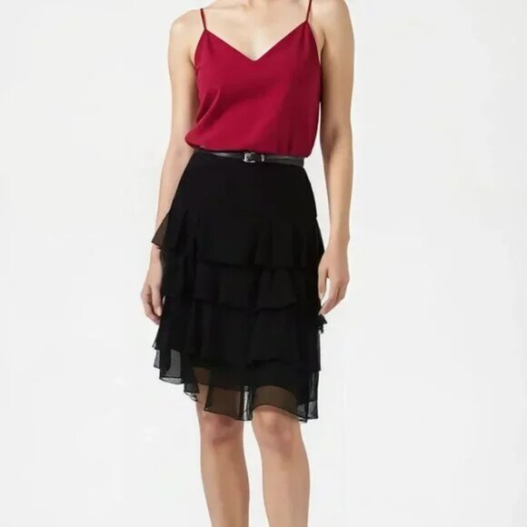 Sandra Darren Black Tiered Chiffon Ruffle Cocktail Party Holiday Dress Skirt M 6 - Picture 1 of 6
